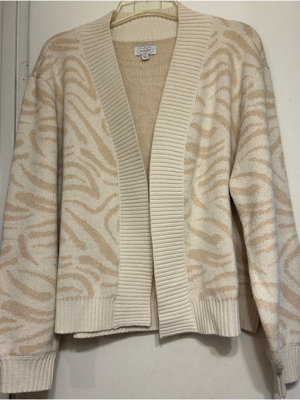 Mud Pie Cream and Tan Zebra-Pattern Open Cardigan